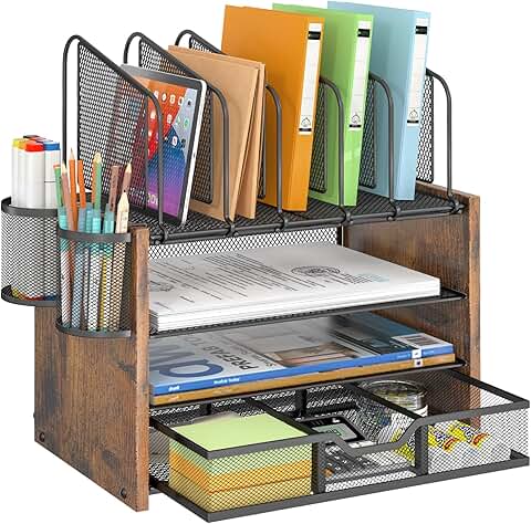 4-Tier Mesh and Wooden Desk Organizer with File and Pen Holders