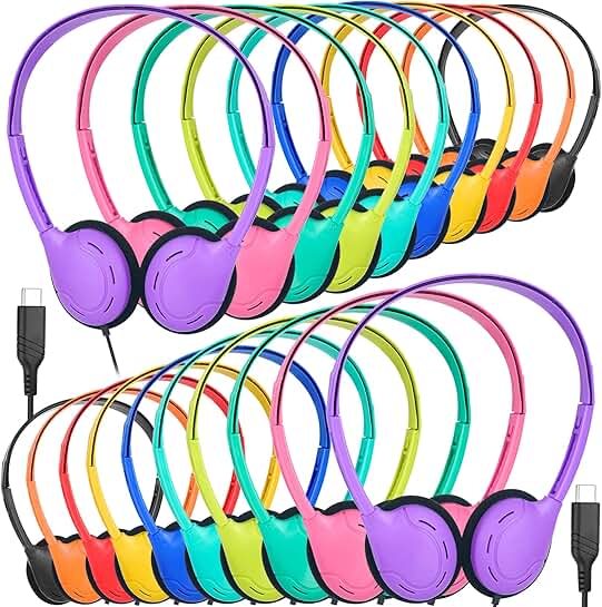 Bulk Type C Wired Headphones for Kids, 20 Pack