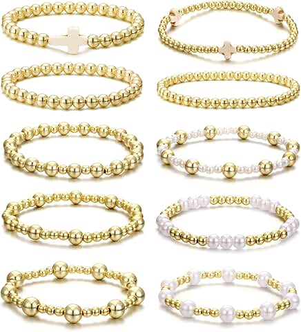 Set of 10 gold beaded bracelets for women
