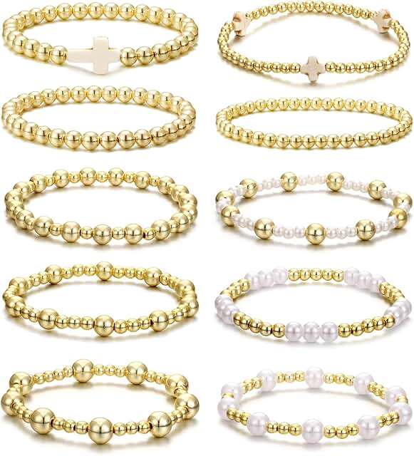 Set of 10 gold beaded bracelets for women
