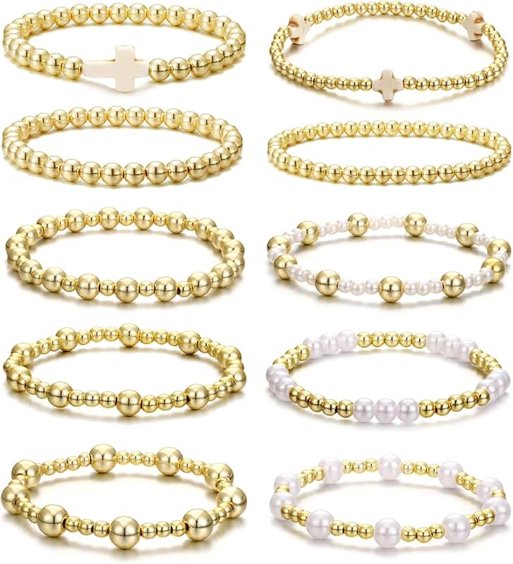 Set of 10 gold beaded bracelets for women
