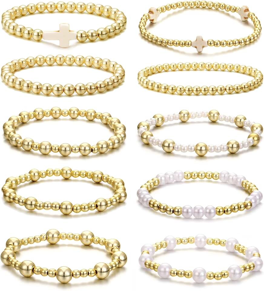 Set of 10 gold beaded bracelets for women