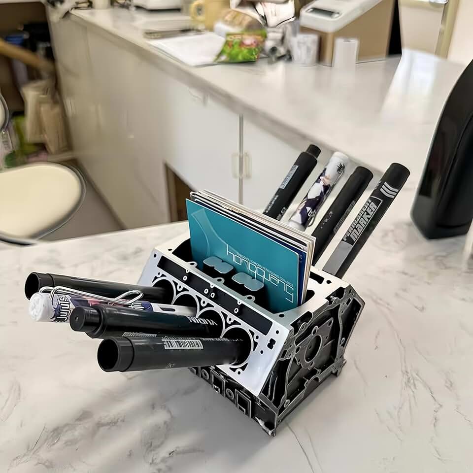 3D Printed V8 Engine Desk Organizer with Card and Pen Holders