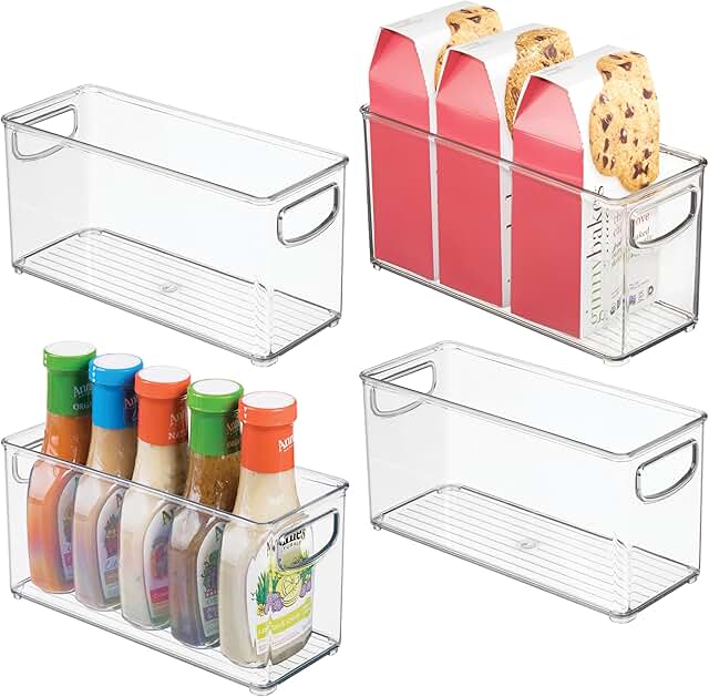 Slim Clear Plastic Storage Bins, Tall Narrow Organizer, 4-Pack