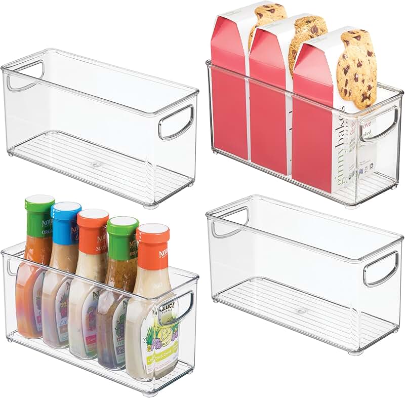 Slim Clear Plastic Storage Bins, Tall Narrow Organizer, 4-Pack