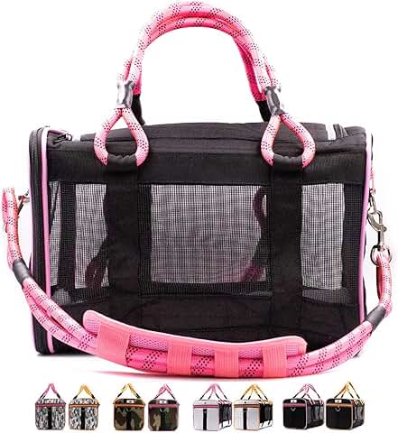 Black and pink airline pet carrier fits under seat