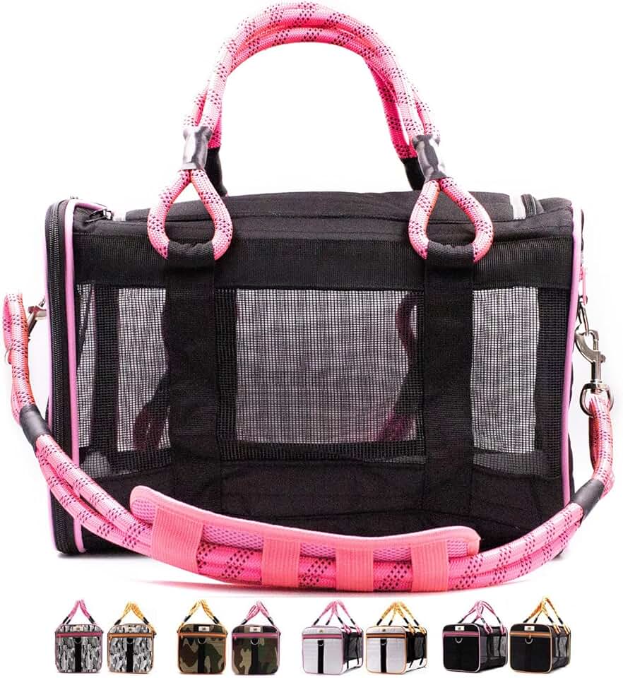 Black and pink airline pet carrier fits under seat