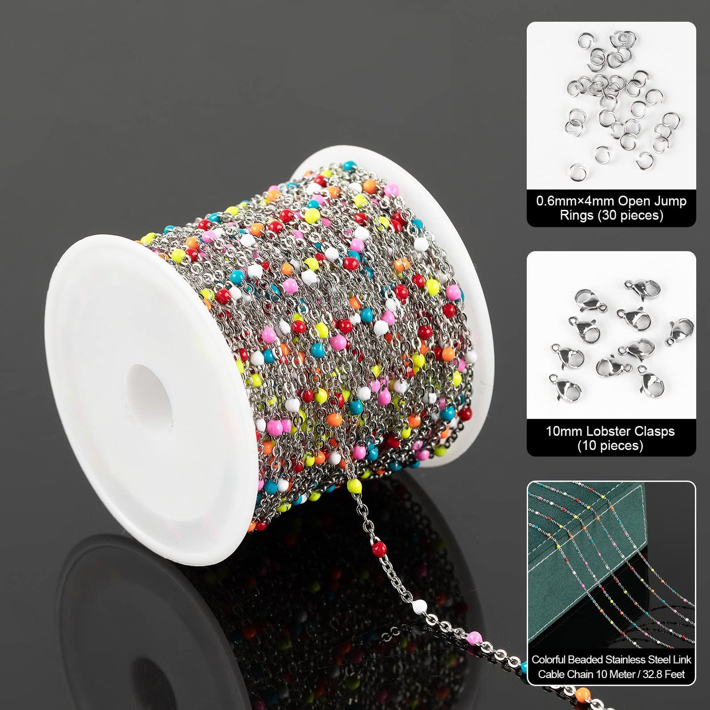 33 Feet Stainless Steel Beaded Jewelry Chain with Clasps and Jump Rings