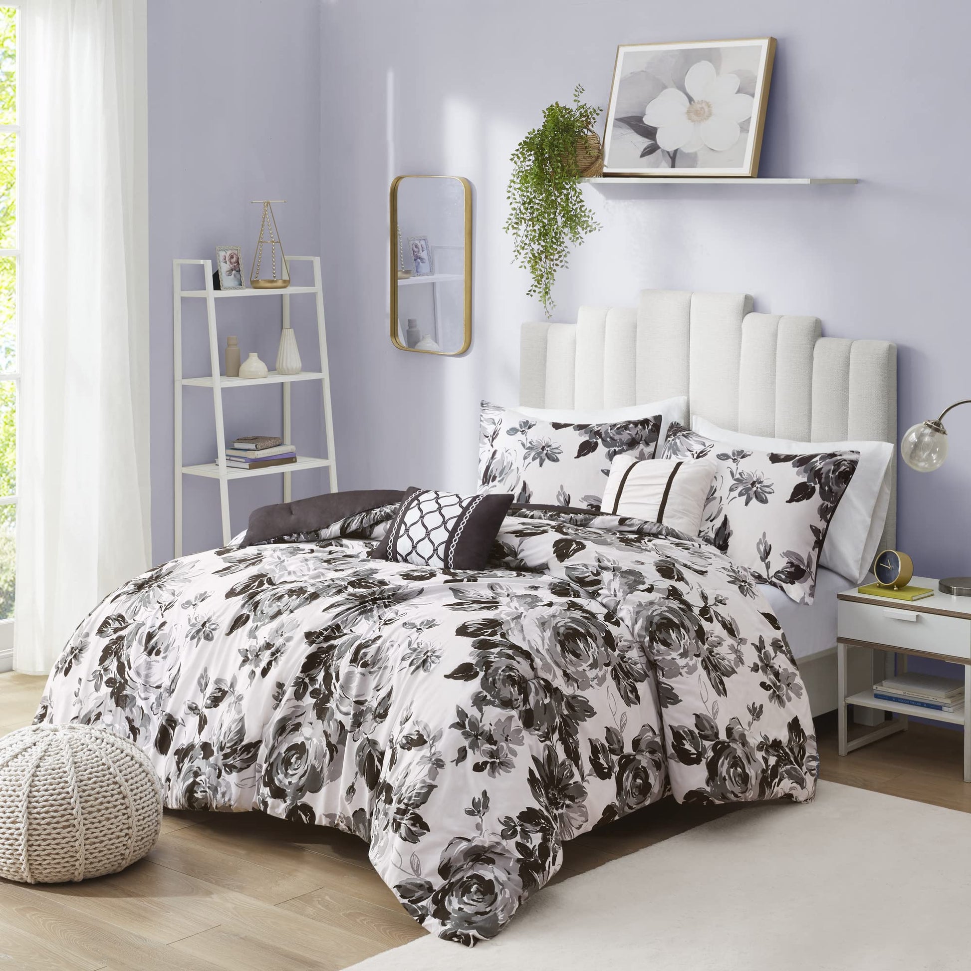 Intelli t Dorsey Comforter Reversible Flower Floral Botanical Ultra-Soft Brushed All Season Bedding-Set, Full/Queen, Black/White 5 Piece