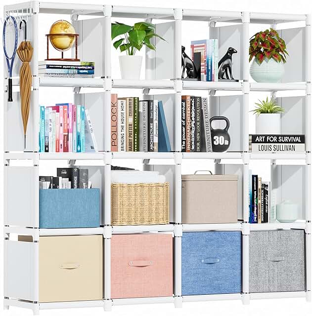 White 16-Cube Metal Book Shelf for Bedroom and Office