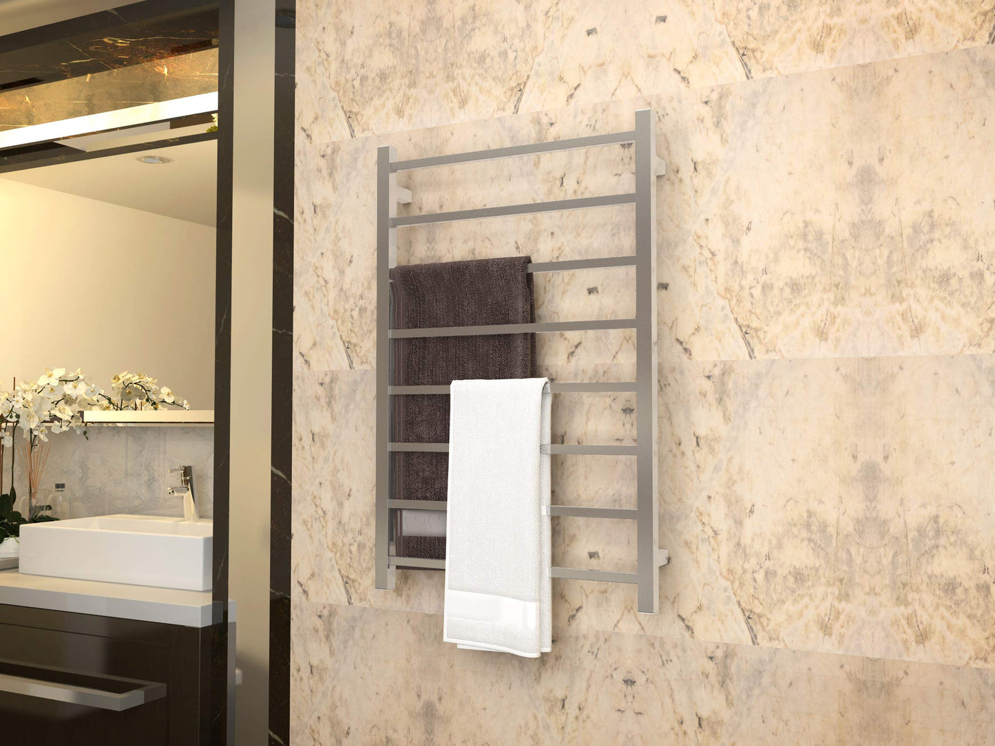 Bell 8-Bar Wall Mounted Towel Warmer in Polished Chrome  Energy Efficient 80W Electric Plug in Heated Towel Rack for Bathroom  Steel Towel Heater Rail On/Off Switch Drying Rack  TW-AZ026CH