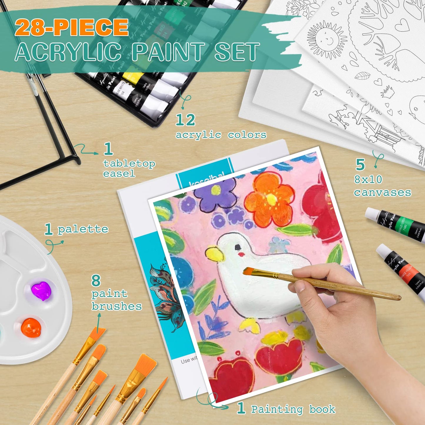 Acrylic Paint Set for Kids with 12 Paints, 8 Brushes, 5 Canvas Panels