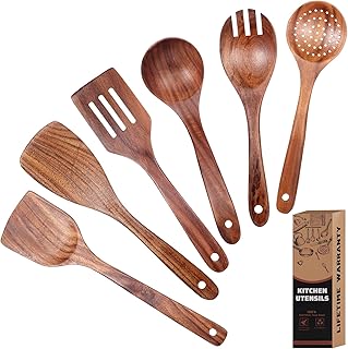 Six-piece teak cooking spoon set with heat resistance
