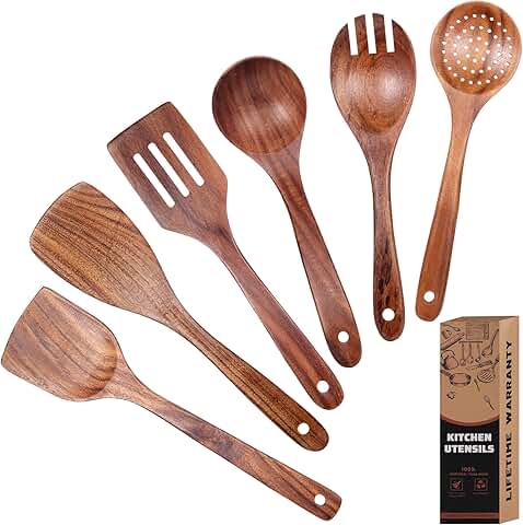 Six-piece teak cooking spoon set with heat resistance