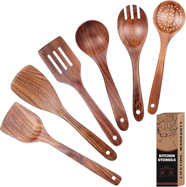 Six-piece teak cooking spoon set with heat resistance