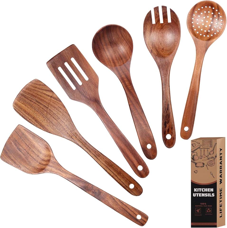 Six-piece teak cooking spoon set with heat resistance