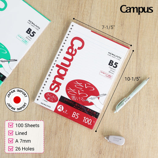 Loose leaf paper for binders, 100 sheets, B5, 7mm ruled