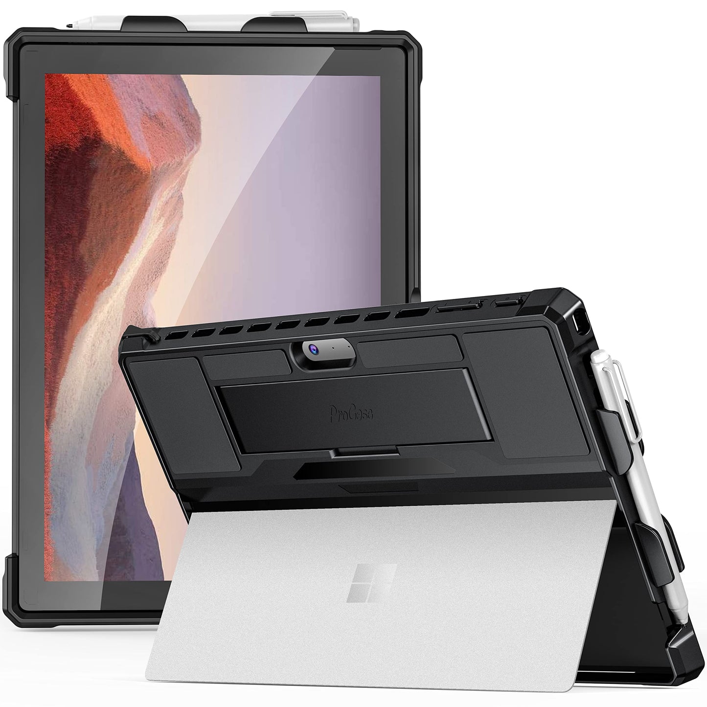 Case for 12.3" Microsoft Surface Pro 7 Plus, Pro 7, Pro 6, Pro 5, Pro 2017, Pro 4, Pro LTE, Rugged Protective Cover with Pencil Holder, Hand Strap, Compatible with Type Cover Keyboard -Black