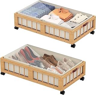 Two-Pack Bamboo Under Bed Storage Containers with Wheels