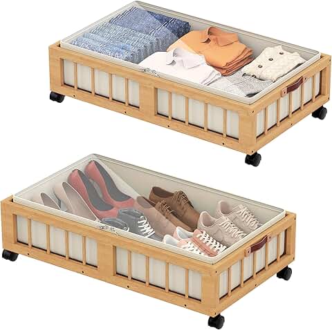 Two-Pack Bamboo Under Bed Storage Containers with Wheels