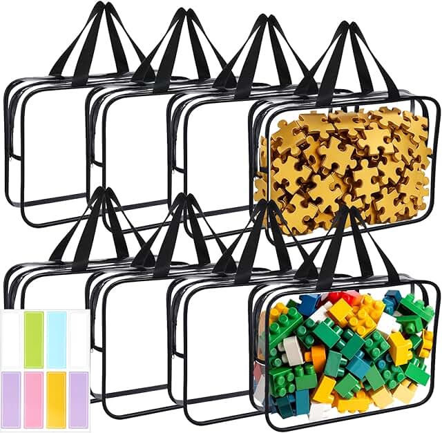 Large Clear PVC Toy Storage Bags with Labels, Zippered Organizer for Puzzles and Blocks