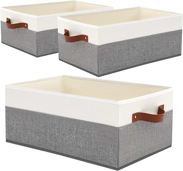 Set of three large fabric storage bins with handles