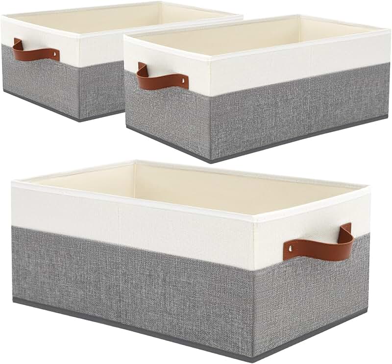 Set of three large fabric storage bins with handles