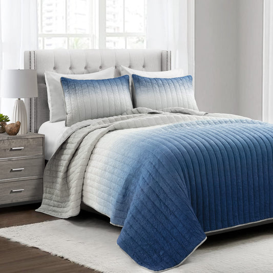 Crinkle Ombre 3 Piece Quilt Set, Full/Queen, Navy  Gray