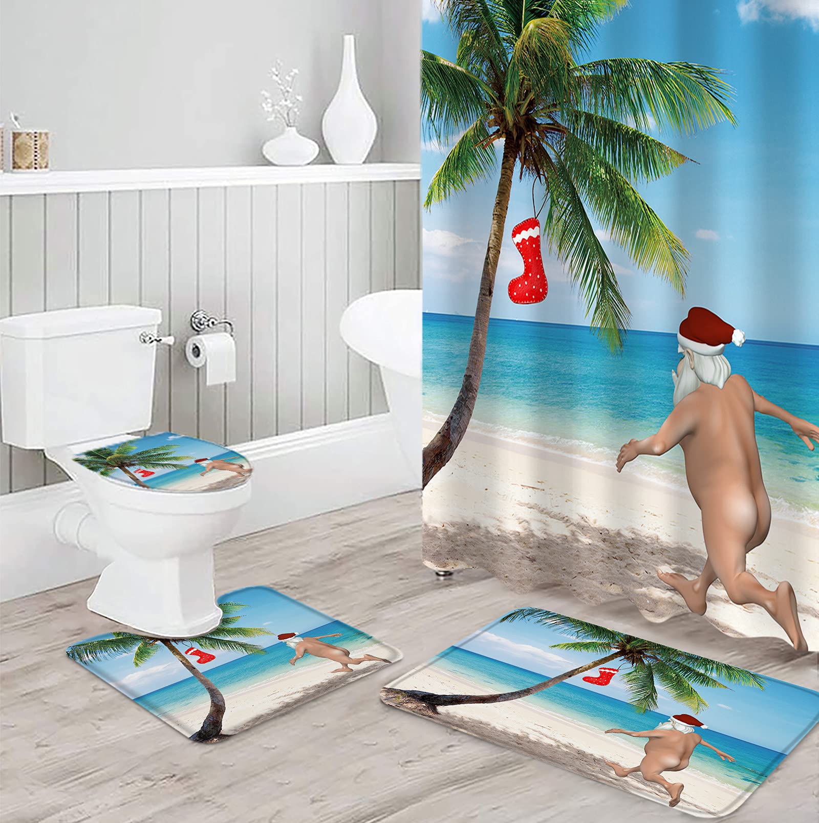 Shower Curtain and Rugs Set for Bathroom, Beach Funny Santa Claus Xmas Pattern Waterproof Shower Curtain with 12 Hooks, Absorbent Non-Skip Rugs and Tet Lid Cover Set 36"x72"