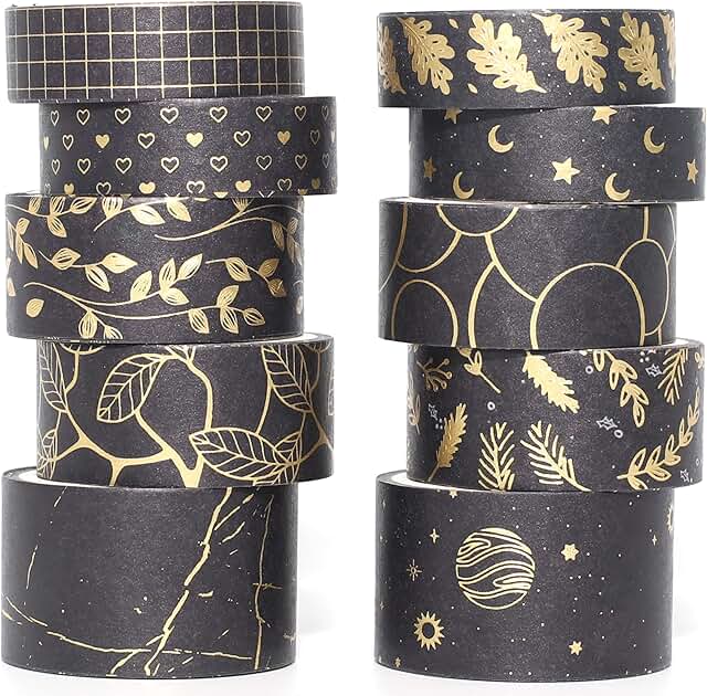 10 Rolls Gold Foil Washi Tape Set for Crafts and Journals