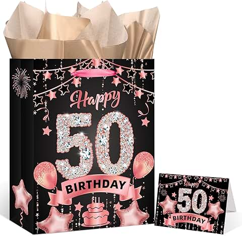 Rose Gold 50th Birthday Gift Bag with Card and Tissue