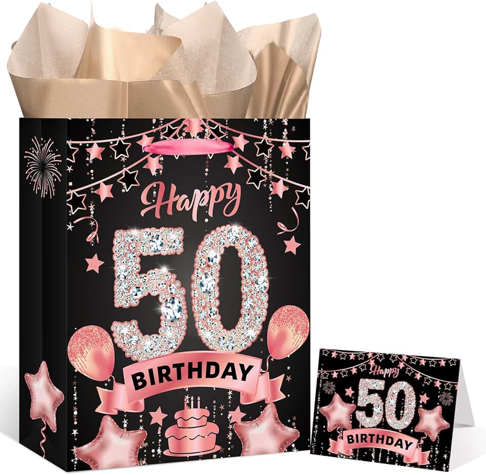 Rose Gold 50th Birthday Gift Bag with Card and Tissue
