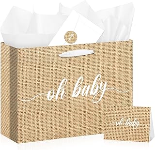 Large Baby Gift Bag for Boys and Girls, Burlap Print, 13.8 Inch