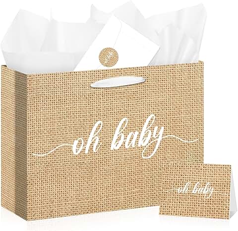 Large Baby Gift Bag for Boys and Girls, Burlap Print, 13.8 Inch