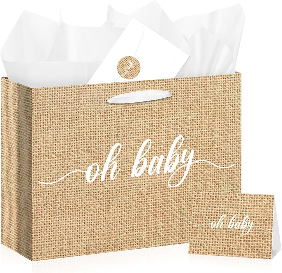 Large Baby Gift Bag for Boys and Girls, Burlap Print, 13.8 Inch
