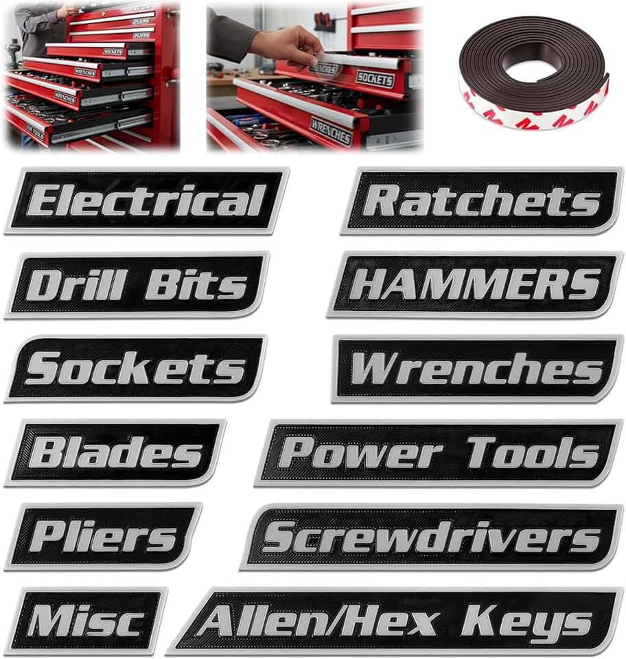 Set of 12 Magnetic Toolbox Labels for Steel Drawers and Cabinets