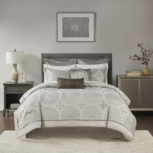 Tiburon Cozy Bed in a Bag Comforter, Traditional Luxe Jacquard Design All Season Down Alternative Cover with Complete Sheet Set, King, Tan BIAB, 12 Piece