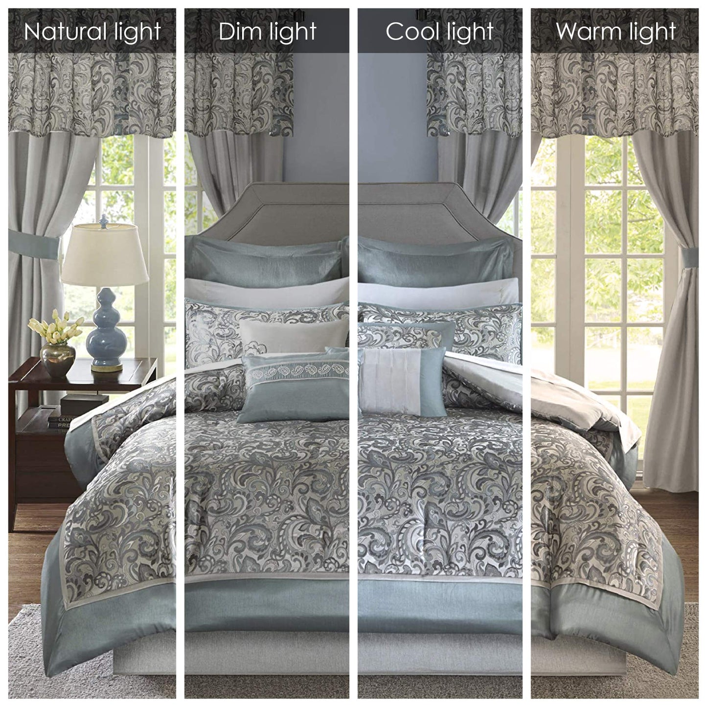 Essentials Brystol 24 Piece Room in a Bag Faux Silk Comforter Jacquard Paisley Design Matching Curtains Down Alternative Hypoaller ic All Season Bedding-Set, Queen 90 in x 90 in), Teal