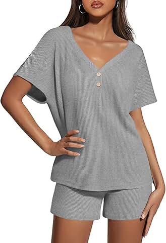 Women's Waffle Knit Short Pajama Set with Pockets