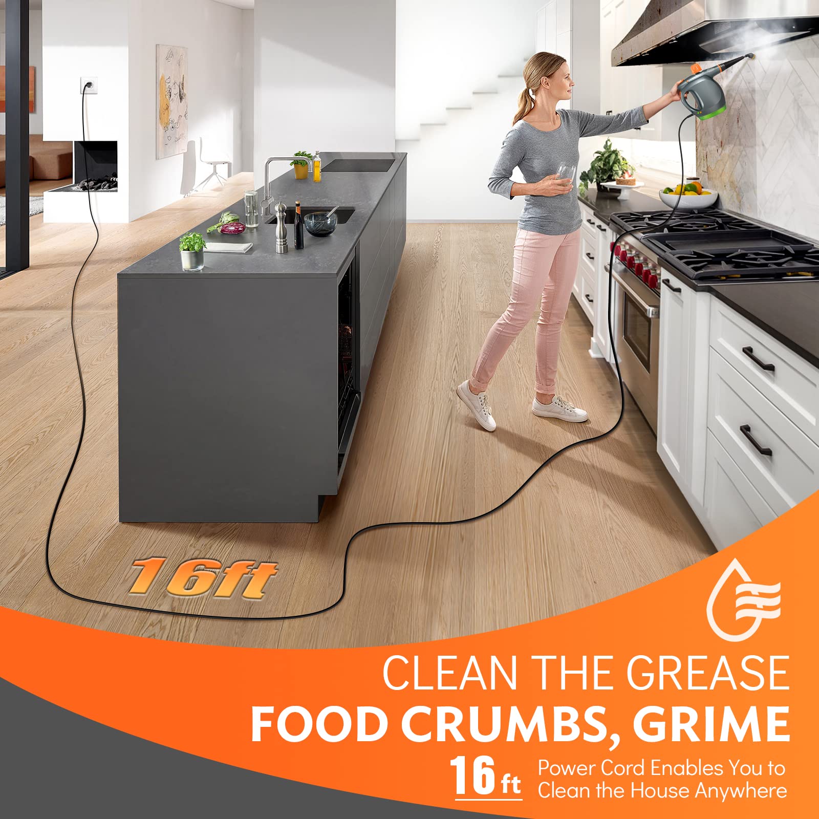 1250W Powerful Handheld Steam Cleaner with Deter t Container and Safety Lock, Multifunctional and Pressurized Hand Held Steamer for Kitchen, Bathroom, Windows and Floors, Steamer for Cleaning