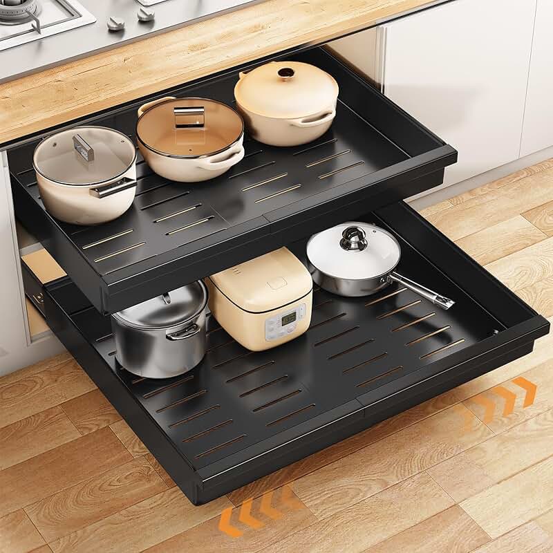 Expandable pull-out cabinet organizer for kitchen storage