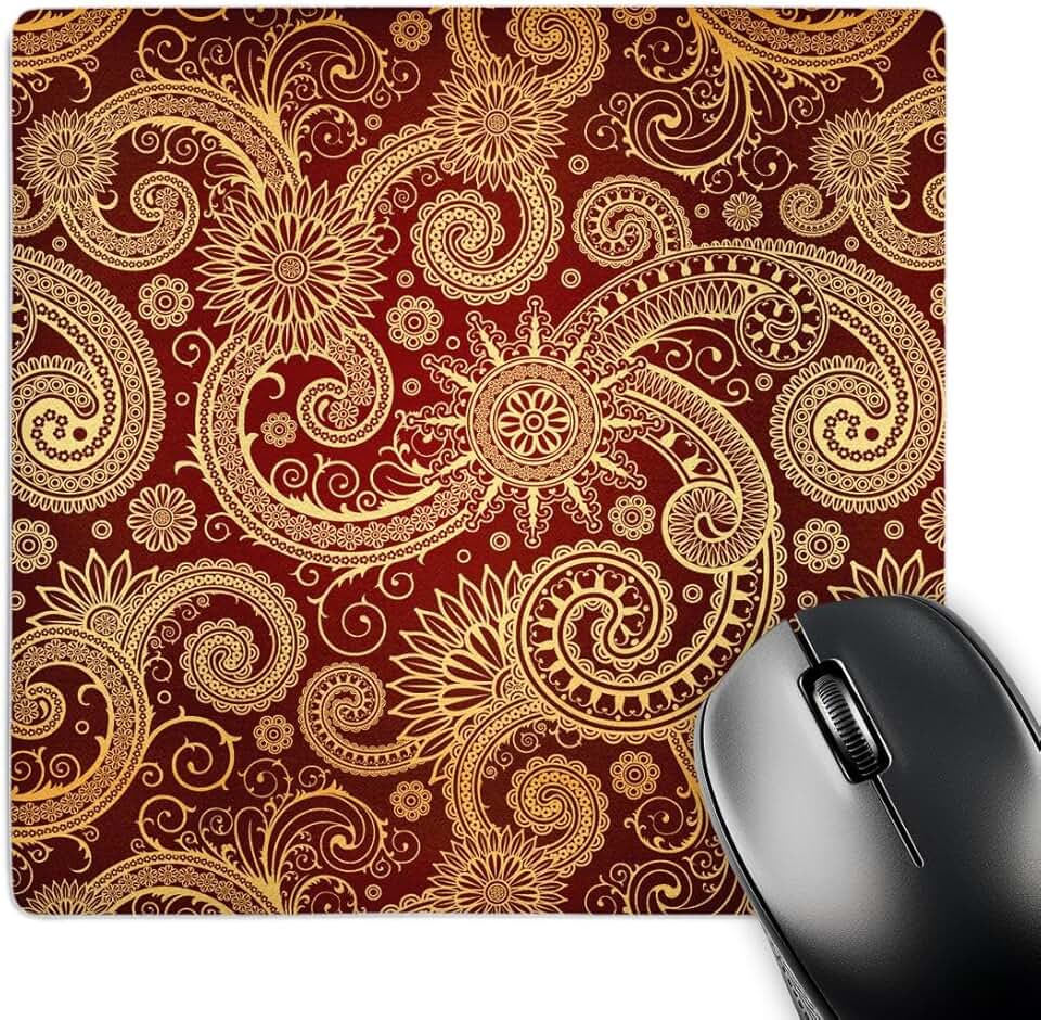 Burgundy and Gold Pattern Print Mouse Pad, 8x8 inches