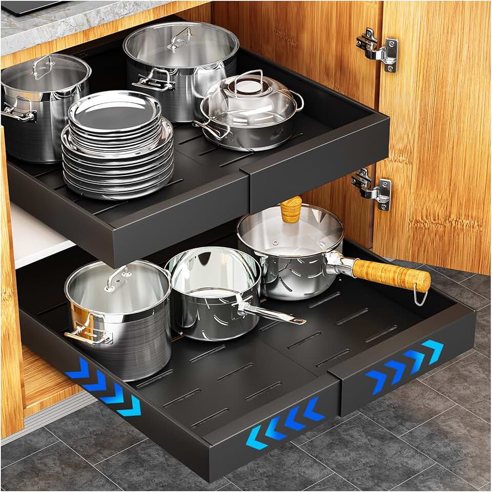 Expandable 21" Deep Pull Out Cabinet Organizer with Slide Out Drawers