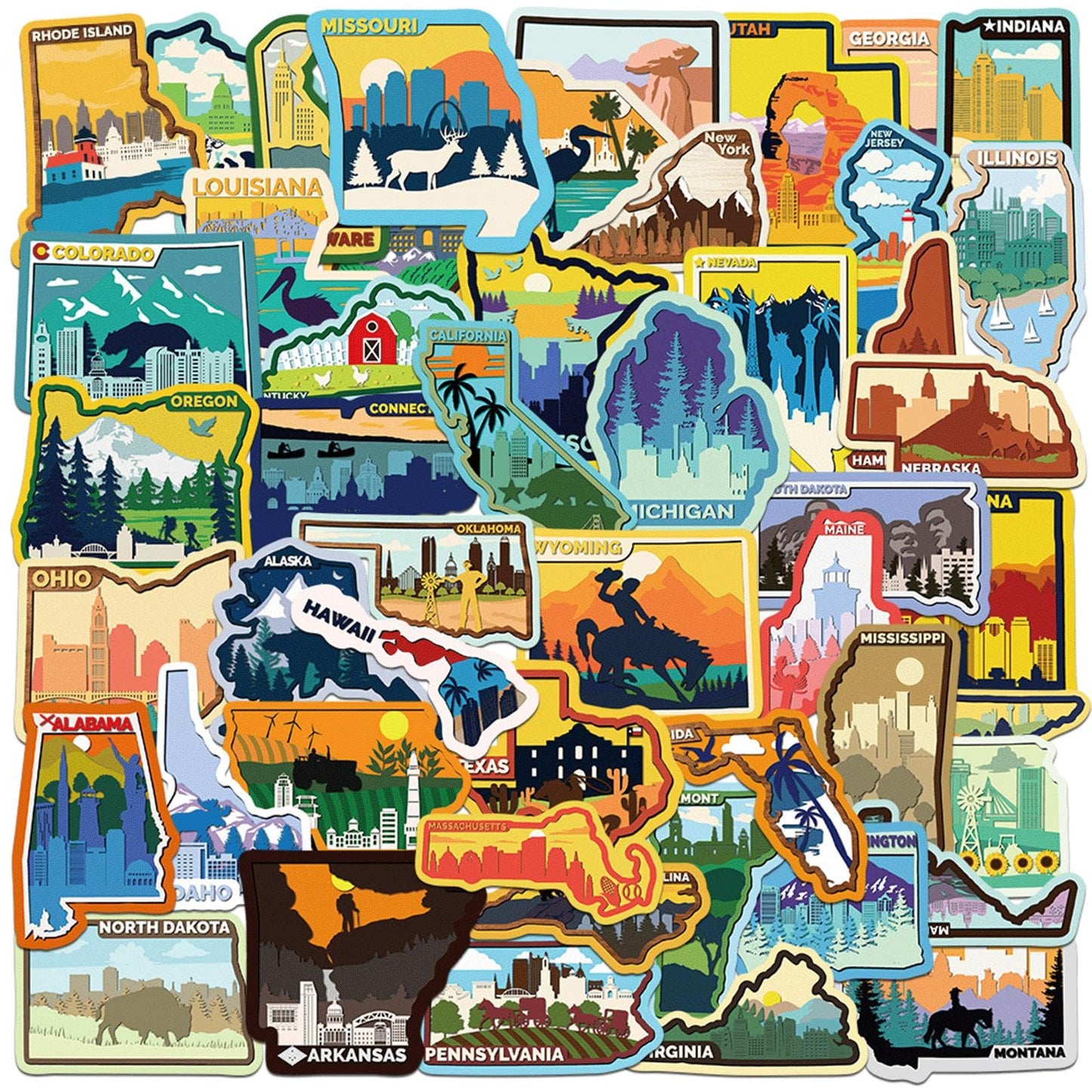 50 US States Waterproof Vinyl Stickers for Water Bottles and More