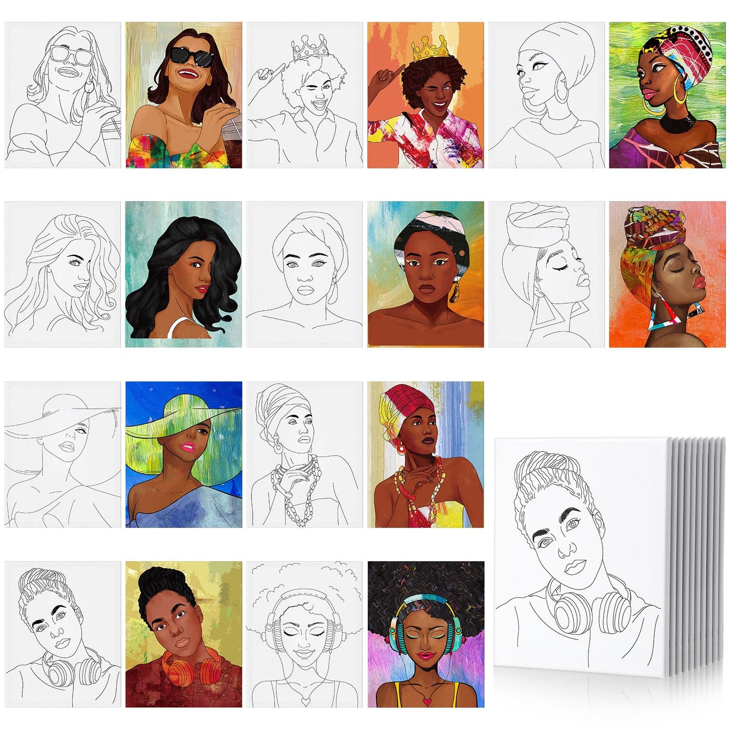 10 Pcs Afro Queen Canvas Painting Pre Drawn 8x10 Inches