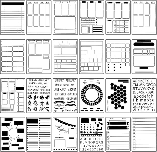 24-Piece Plastic Journal Stencil Set for Planning and Scrapbooking