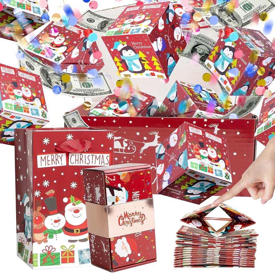 Red Christmas Surprise Gift Box with Confetti and Bounces