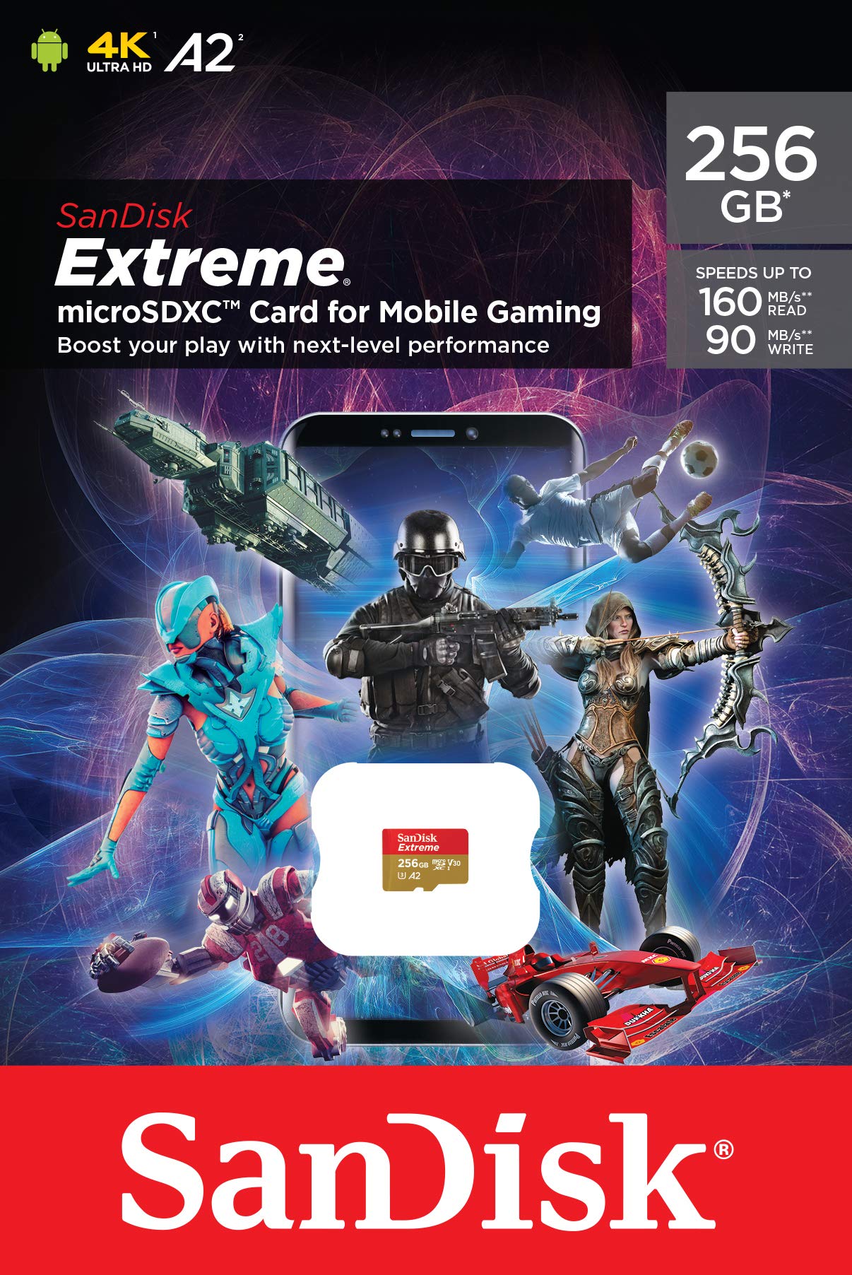 256GB Extreme for Mobile Gaming microSD UHS-I Card - C10, U3, V30, 4K, A2, Micro SD - SDSQXA1-256G-GN6GN