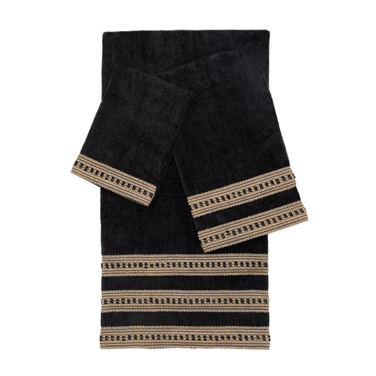 Sienna Fancy Trim Black 3-Piece Decorative Towel Set, Rows of gimp Trim, Sewn on Black Towel, Includes 1 Bath, Hand  tip Towel, Elegant  Durable.