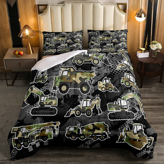 Boys Camouflage Cartoon Car Toddler Bedding Set Queen Size Kids Camo Construction Vehicles Comforter for Teens Children Cute Truck Comforter Set Construction Site Cars Quilt Set 3Pcs Room Decor